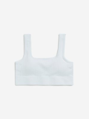 Superstar White Ribbed Seam-Free Cotton-Blend Padded Bra