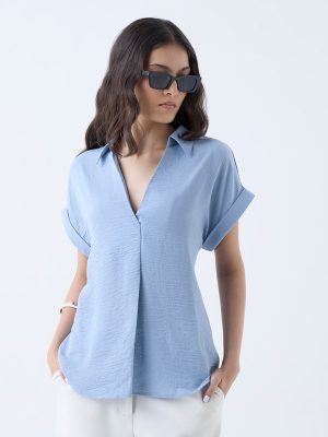 Wardrobe Light Blue Crinkle-Textured Top