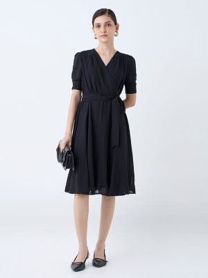 Wardrobe Black Seersucker Wrap-Style Dress