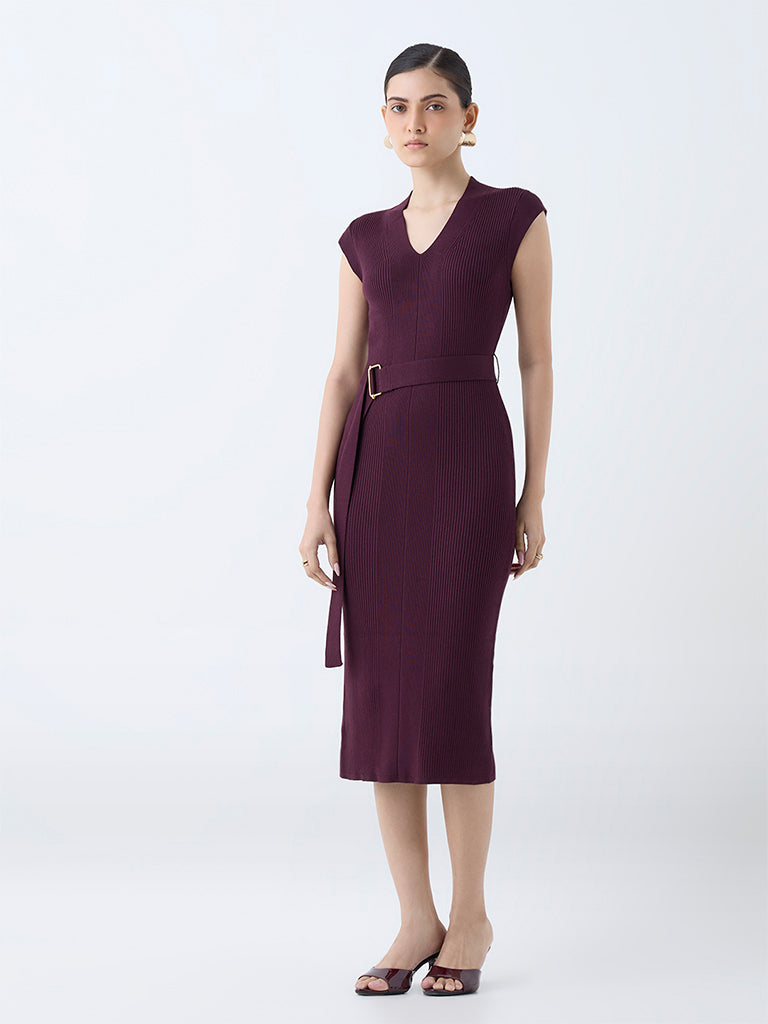 Wardrobe Wine Ribbed-Textured Bodycon Dress with Belt