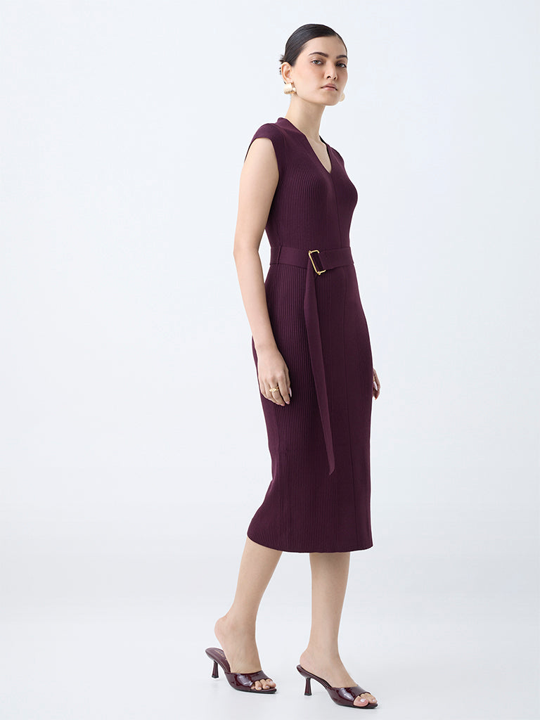 Wardrobe Wine Ribbed-Textured Bodycon Dress with Belt - Image 2
