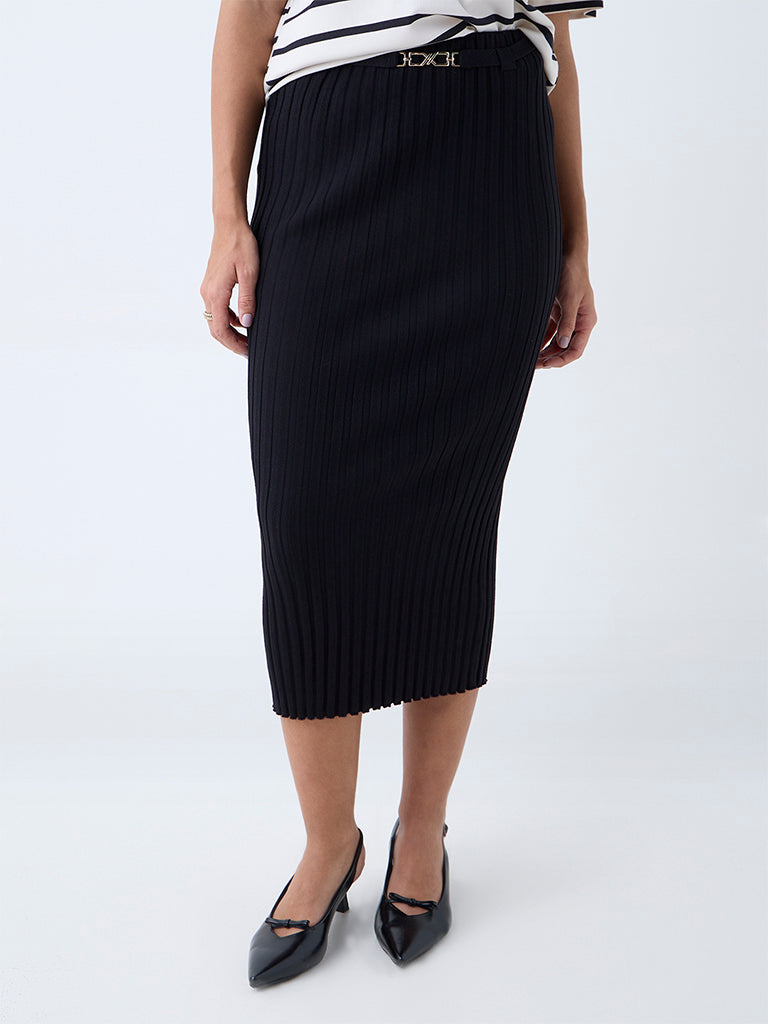 Wardrobe Black Ribbed-Textured High-Rise Pencil Skirt - Image 2