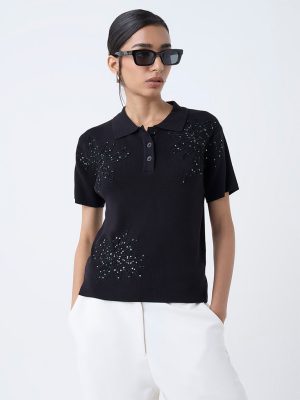 Wardrobe Black Embellished Polo T-Shirt
