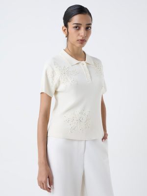 Wardrobe Off-White Embellished Polo T-Shirt