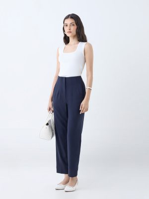 Wardrobe Navy Solid High-Rise Trousers