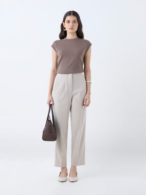 Wardrobe Beige Solid High-Rise Trousers