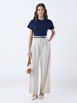Wardrobe Beige Pinstriped High-Rise Trousers