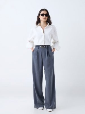 Wardrobe Grey Self-Striped High-Rise Trousers