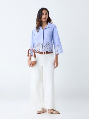 LOV Blue Schiffli Design Cotton Shirt