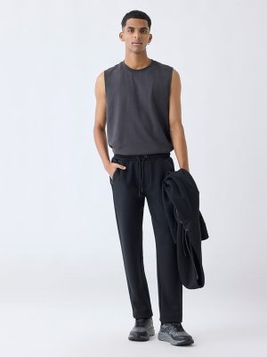 Studiofit Black Solid Relaxed-Fit Mid-Rise Track Pants