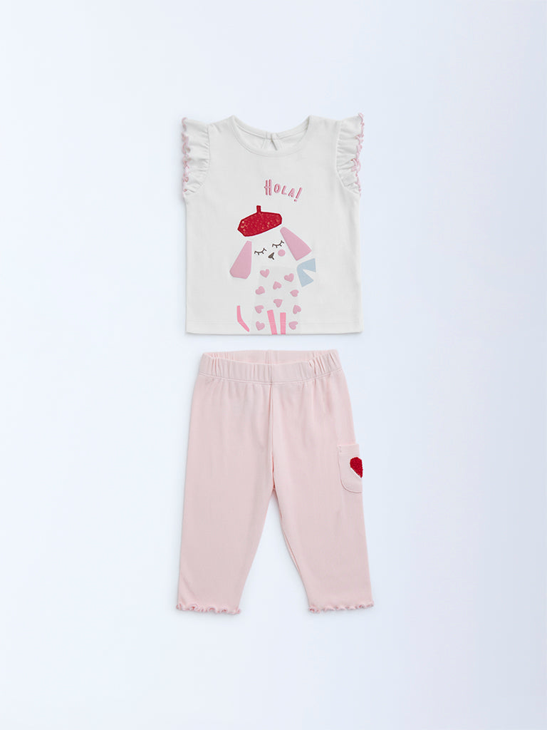 HOP Baby White Printed Cotton Top with Pants Set - Image 2