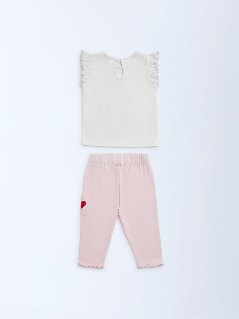 HOP Baby White Printed Cotton Top with Pants Set - Image 3