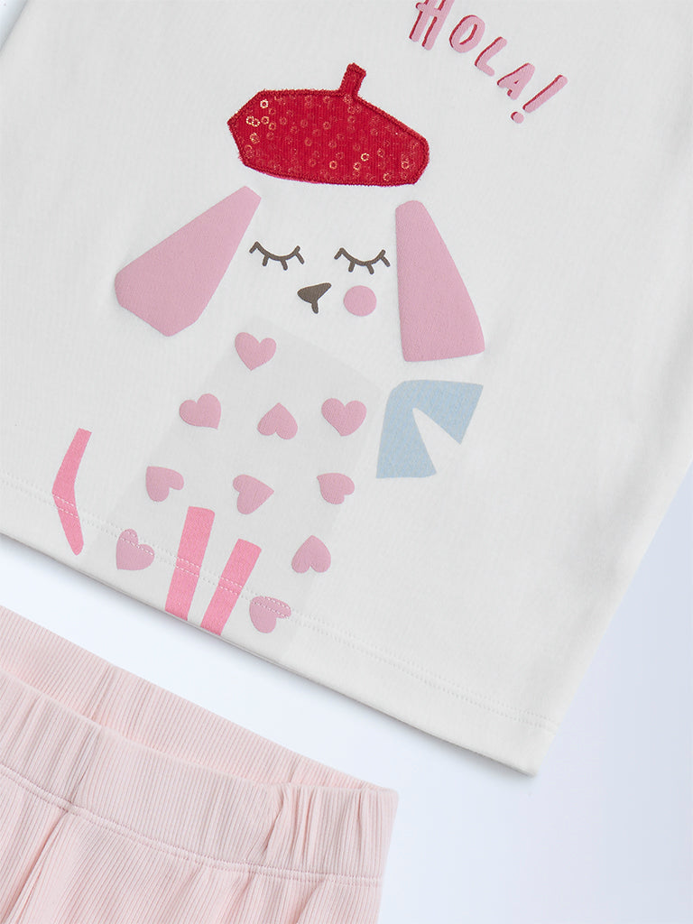 HOP Baby White Printed Cotton Top with Pants Set - Image 4