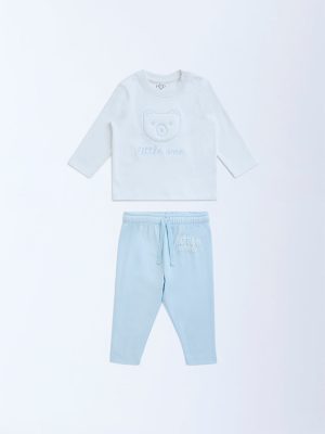 HOP Baby Light Blue Embroidered Cotton T-Shirt and Pants Set