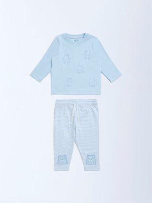 HOP Baby Blue Cotton T-Shirt with Pants Set