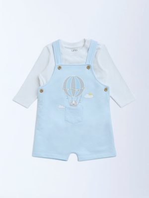 HOP Baby Blue Printed Cotton Dungaree with T-Shirt Set