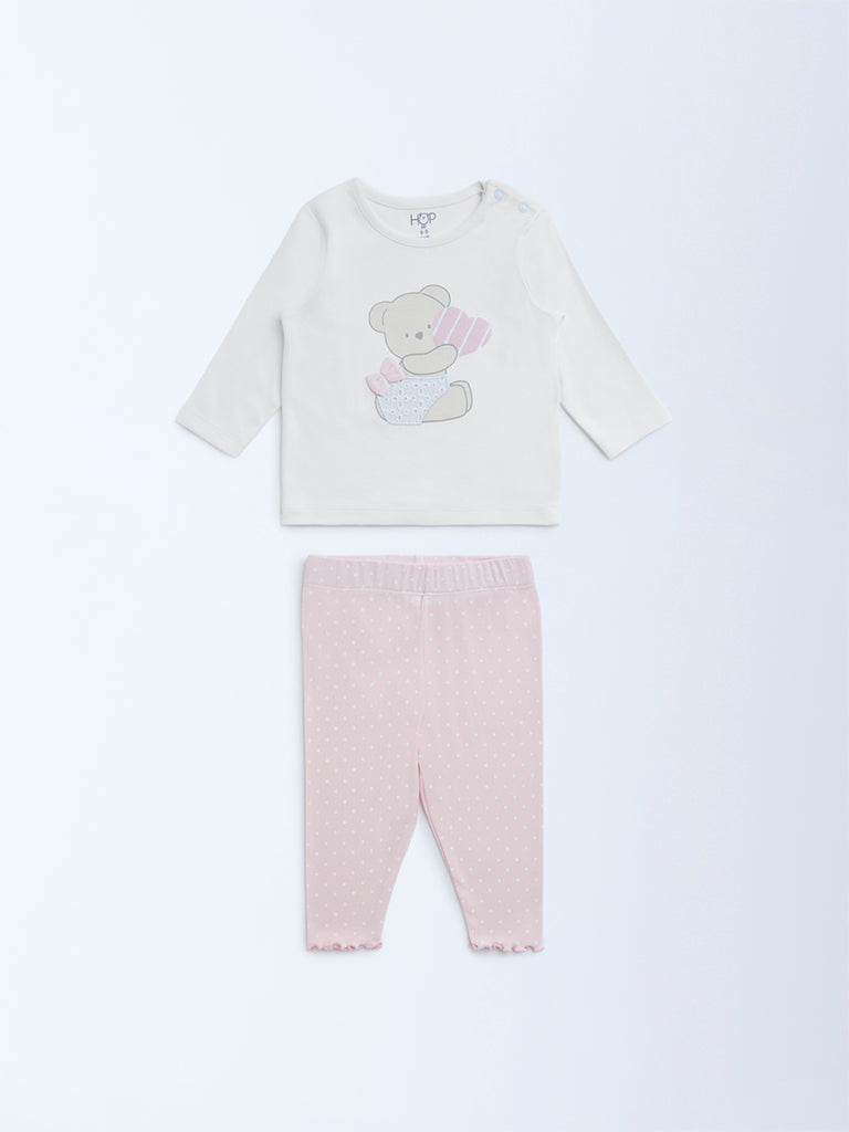 HOP Baby Pink Cotton-Blend T-Shirt with Pants Set