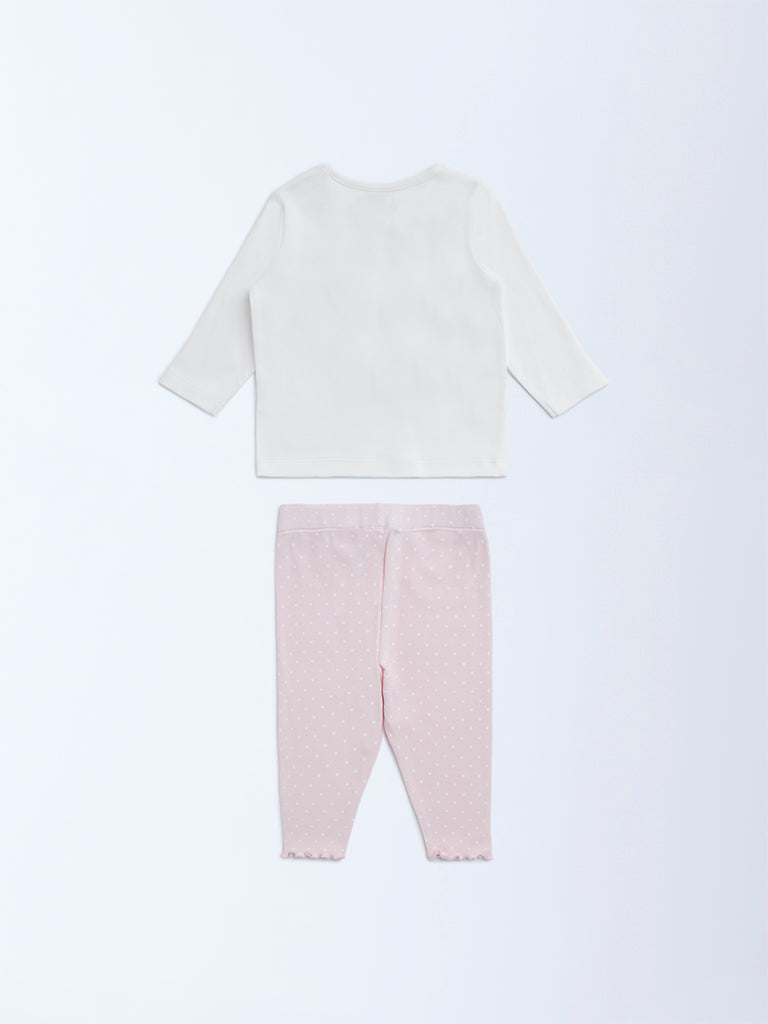 HOP Baby Pink Cotton-Blend T-Shirt with Pants Set - Image 2
