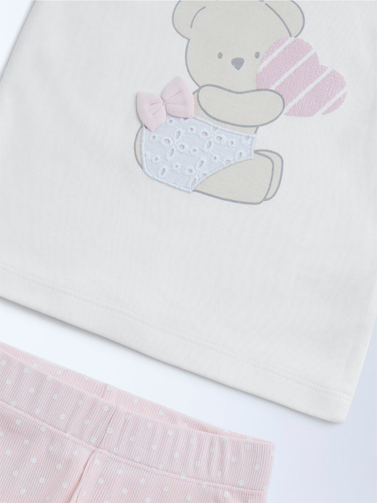 HOP Baby Pink Cotton-Blend T-Shirt with Pants Set - Image 3