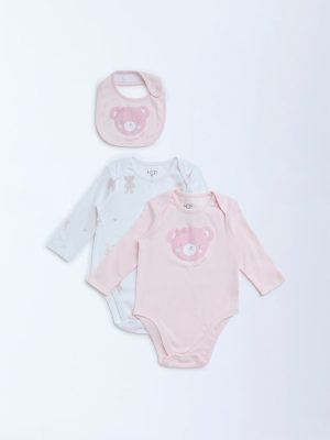 HOP Baby Pink Printed Cotton Rompers with Bib - Pack of 2