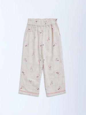 HOP Kids Off-White Embroidered High-Rise Cotton Trousers