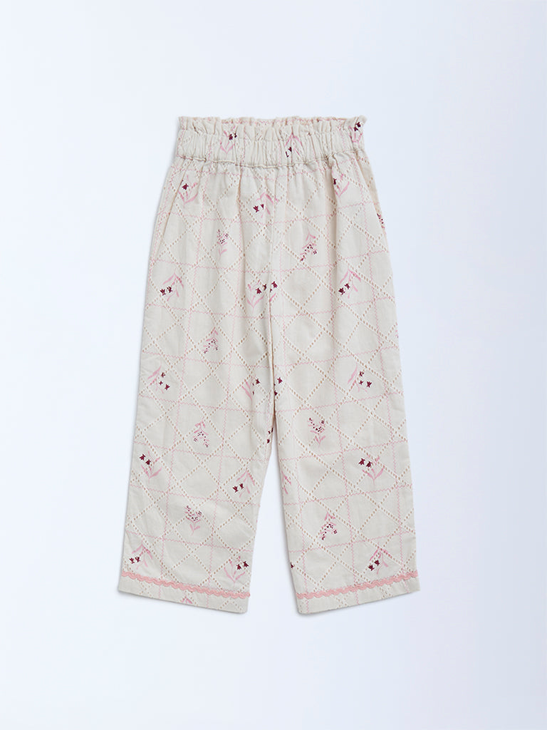 HOP Kids Off-White Embroidered High-Rise Cotton Trousers