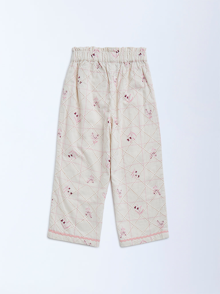 HOP Kids Off-White Embroidered High-Rise Cotton Trousers - Image 2
