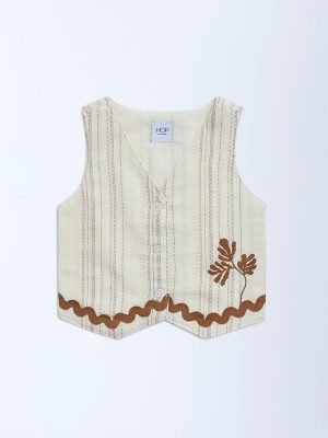 HOP Kids Cream Embroidered Cotton Vest Top