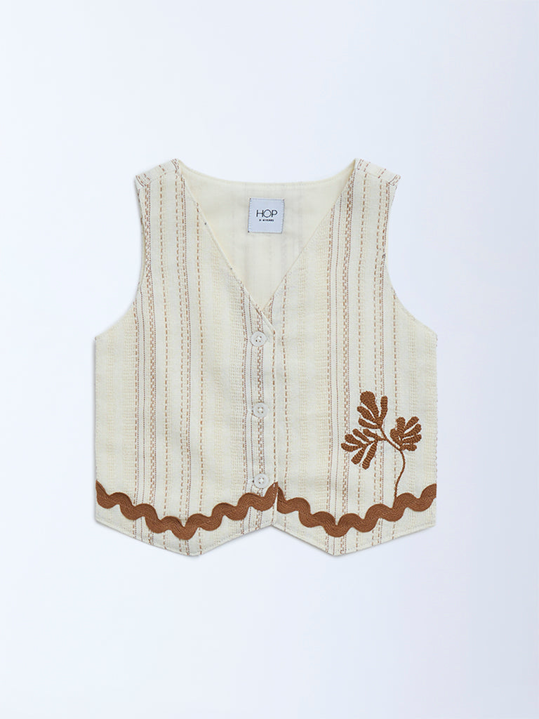 HOP Kids Cream Embroidered Cotton Vest Top