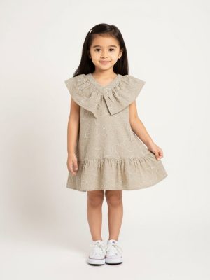 HOP Kids Brown Floral Embroidered Cotton A-Line Dress