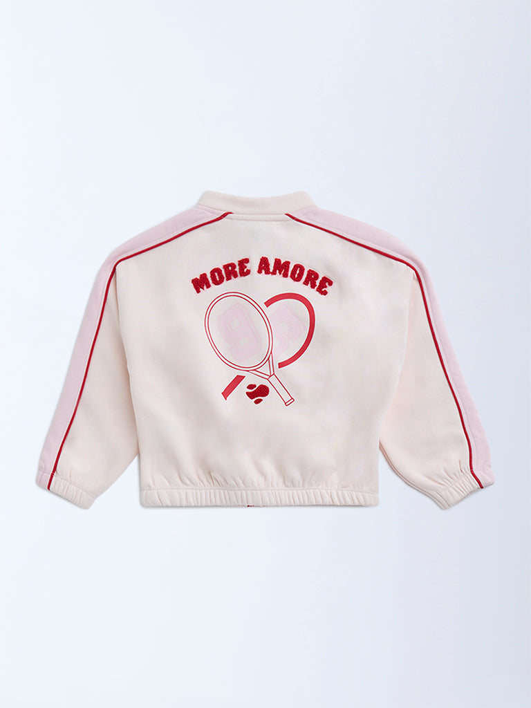 HOP Kids Light Pink Text Design Cotton-Blend Jacket - Image 2