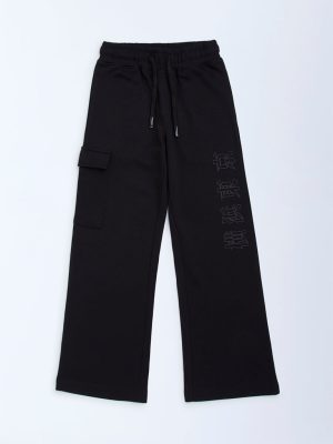 Y&F Kids Black Relaxed-Fit Mid-Rise Cotton-Blend Trousers