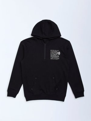 Y&F Kids Black Typographic Cotton-Blend Hoodie