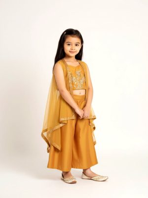 Utsa Kids Mustard Floral Ethnic Top. Pants and Shrug Set - (2-8yrs)