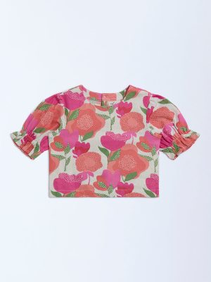 Utsa Kids Pink Foliage Design Cotton-Blend Ethnic Top - (2-8yrs)