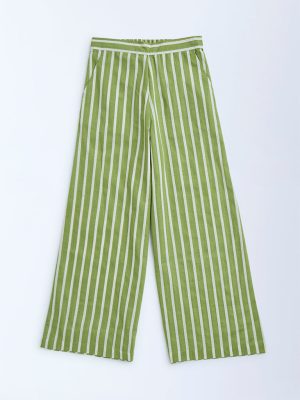 Utsa Kids Green Stripe Printed Cotton-Blend Ethnic Pants - (8-14yrs)