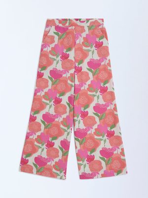 Utsa Kids Pink Foliage Printed Cotton-Blend Ethnic Pants - (8-14yrs)