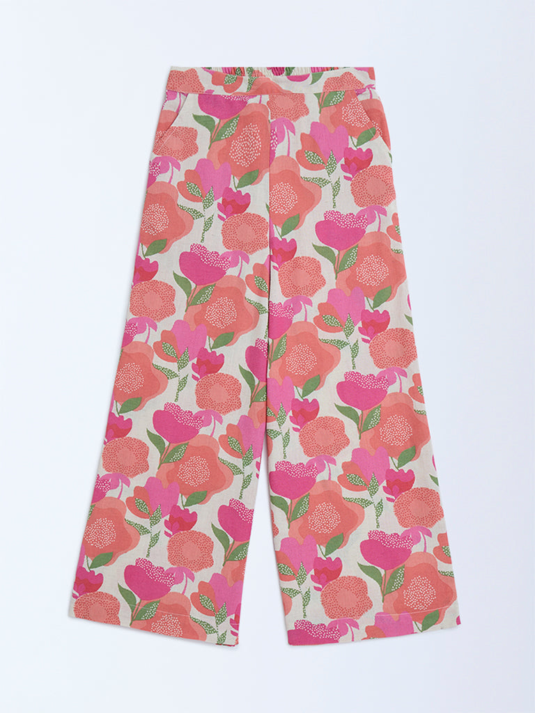 Utsa Kids Pink Foliage Printed Cotton-Blend Ethnic Pants - (8-14yrs)