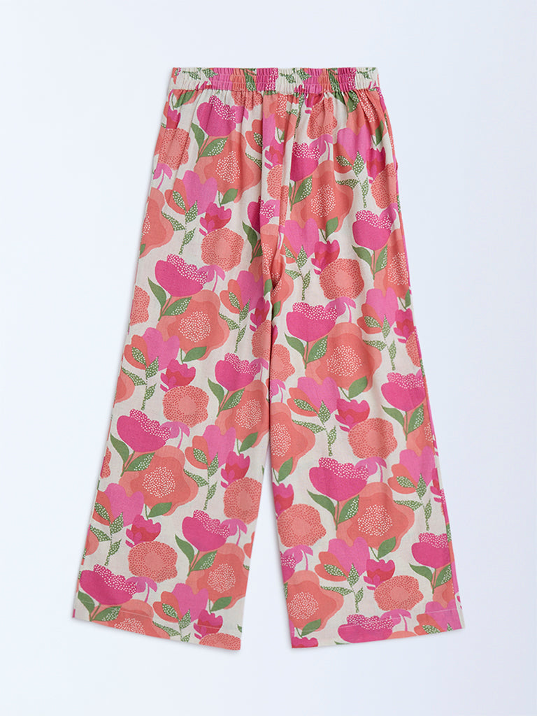 Utsa Kids Pink Foliage Printed Cotton-Blend Ethnic Pants - (8-14yrs) - Image 2