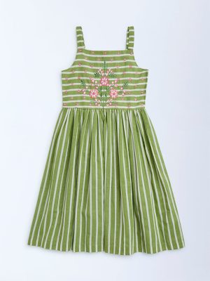 Utsa Kids Green Stripe Printed Cotton A-Line Dress - (8-14yrs)