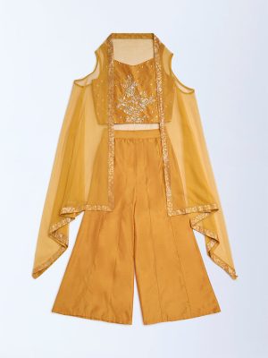 Utsa Kids Mustard Floral Ethnic Top. Pants and Shrug Set - (8-14yrs)