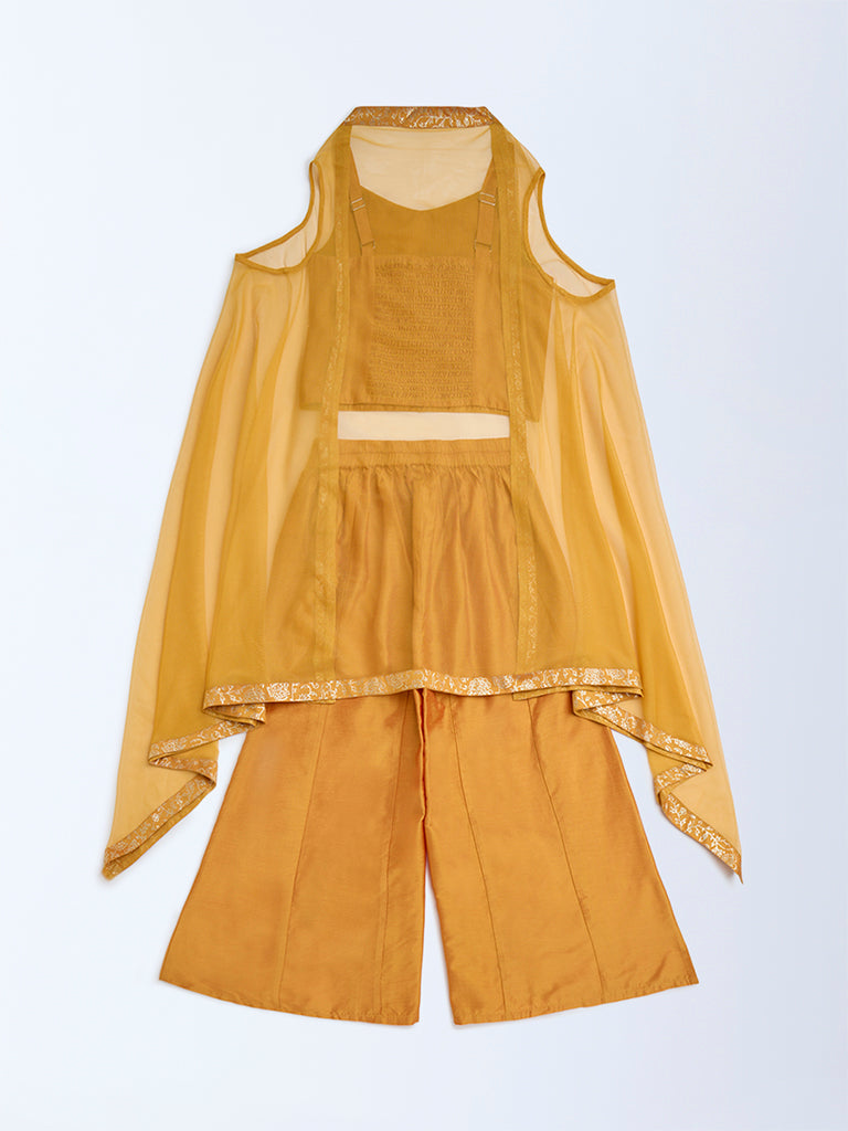 Utsa Kids Mustard Floral Ethnic Top. Pants and Shrug Set - (8-14yrs) - Image 2