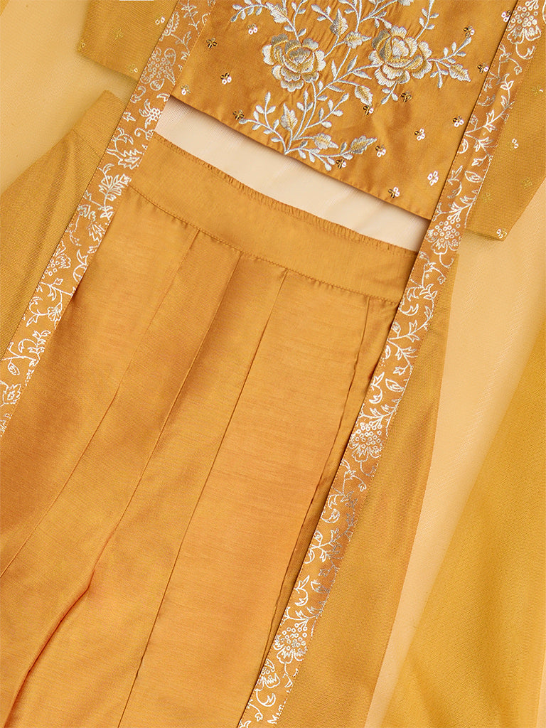 Utsa Kids Mustard Floral Ethnic Top. Pants and Shrug Set - (8-14yrs) - Image 3