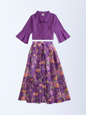 Utsa Kids Purple Floral Pattern Ethnic Set - (8-14yrs)