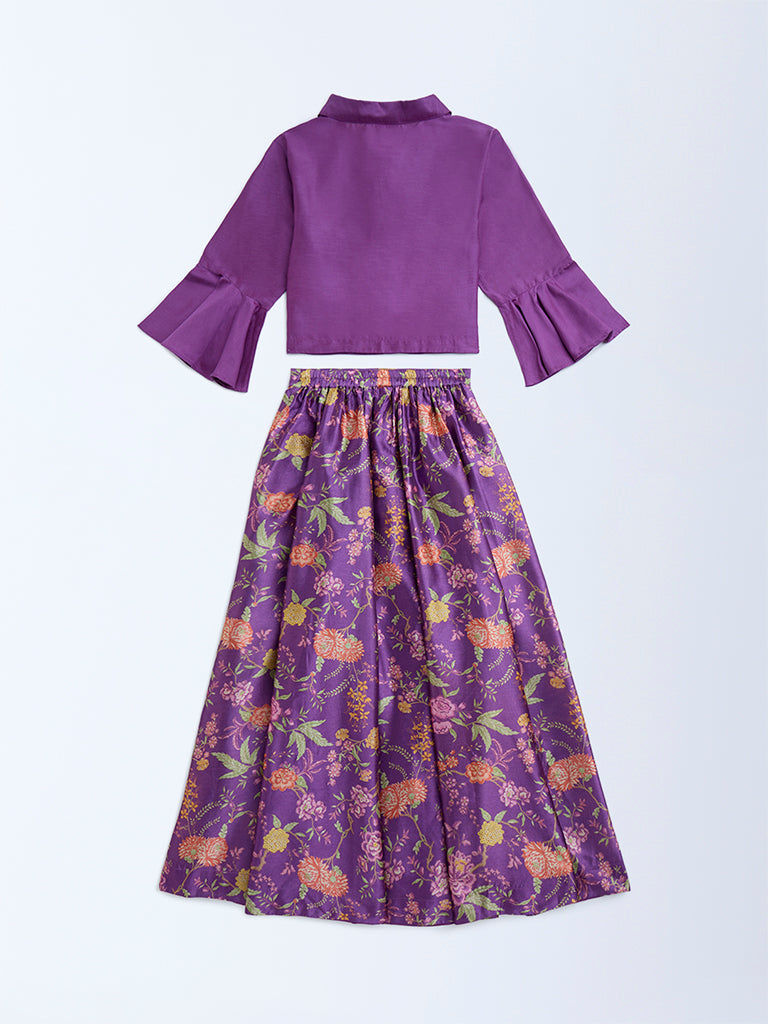 Utsa Kids Purple Floral Pattern Ethnic Set - (8-14yrs) - Image 2