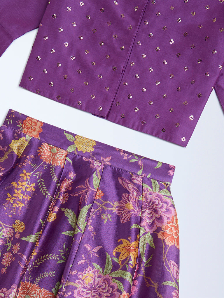 Utsa Kids Purple Floral Pattern Ethnic Set - (8-14yrs) - Image 3