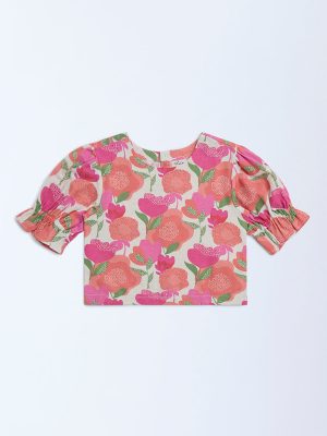 Utsa Kids Pink Foliage Design Cotton-Blend Ethnic Top - (8-14yrs)
