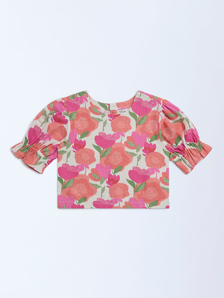 Utsa Kids Pink Foliage Design Cotton-Blend Ethnic Top - (8-14yrs)