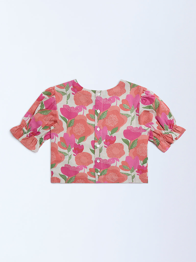 Utsa Kids Pink Foliage Design Cotton-Blend Ethnic Top - (8-14yrs) - Image 2