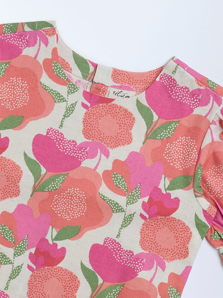 Utsa Kids Pink Foliage Design Cotton-Blend Ethnic Top - (8-14yrs) - Image 3